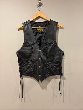 Genuine Leather Black Biker Motorcycle Vest Size 40 – Braided Lace-Up Moto